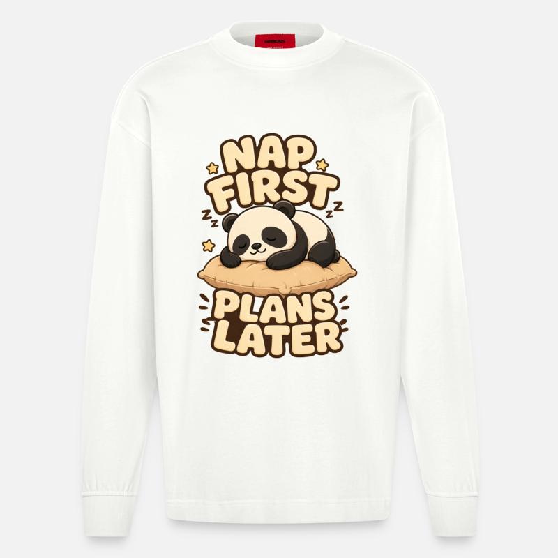 Nap First Plans Later Panda - Heavyweight Oversized Organic Langarmshirt Made in EU - OFF WHITE
