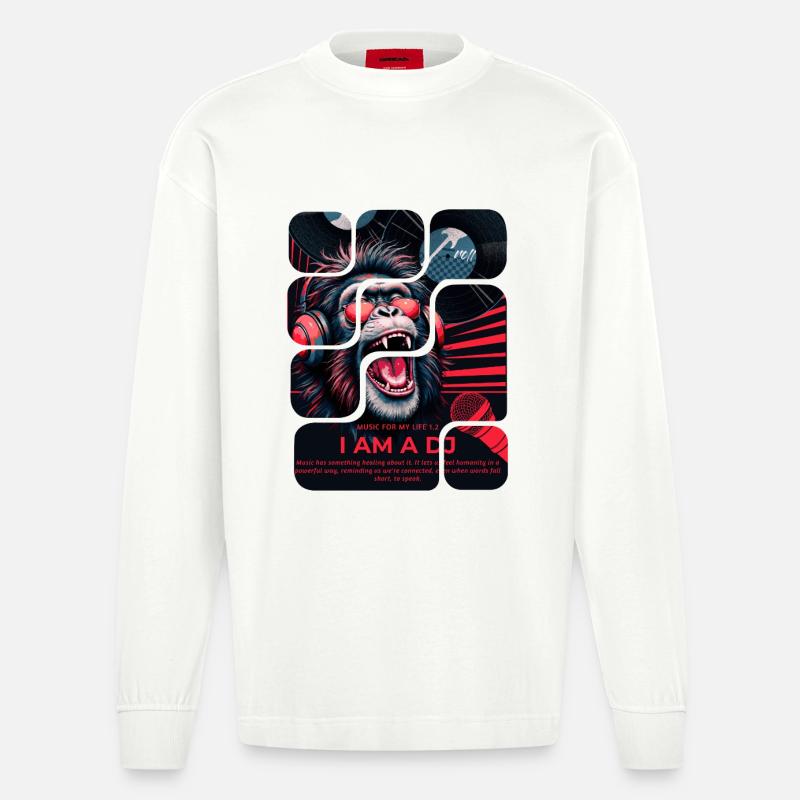 DJ Affe mit Kopfhörern Neon Design - Heavyweight Oversized Organic Langarmshirt Made in EU - OFF WHITE