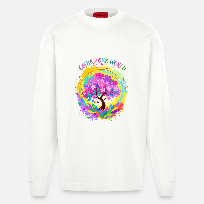 Farbenfroher blühender Baum - Heavyweight Oversized Organic Langarmshirt Made in EU - OFF WHITE