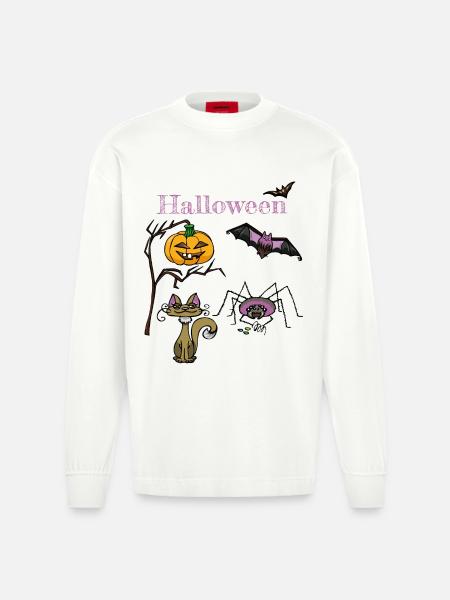 Halloween Pumpkin and Bat Design - Heavyweight Oversized Organic Longsleeve Shirt Made in EU - OFF WHITE