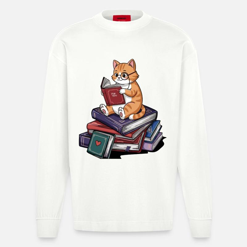 Bücherwurm-Katze Kätzchen liest Bücher Kunst - Heavyweight Oversized Organic Langarmshirt Made in EU - OFF WHITE