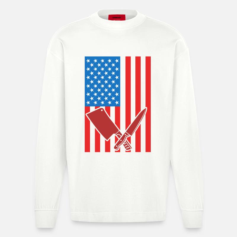 Drapeau des États-Unis de boucher - Manches longues bio épais oversize fabriqué en UE - OFF WHITE