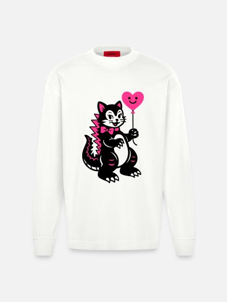 Monster Cat Pink - Heavyweight Oversized Organic Longsleeve Shirt Made in EU - OFF WHITE