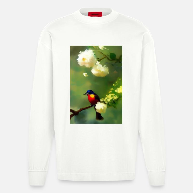 Oiseau sur branche avec fleurs - Manches longues bio épais oversize fabriqué en UE - OFF WHITE