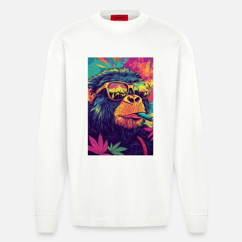 Singe psychédélique avec des lunettes de soleil - Manches longues bio épais oversize fabriqué en UE - OFF WHITE