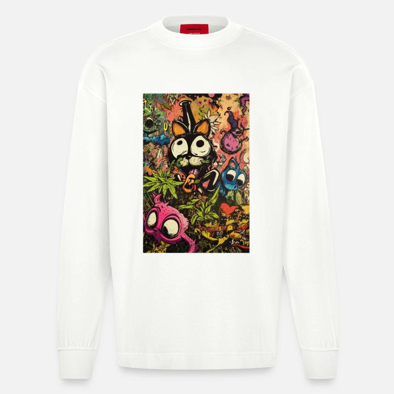 Buntes Comic-Monster Graffiti - Heavyweight Oversized Organic Langarmshirt Made in EU - OFF WHITE