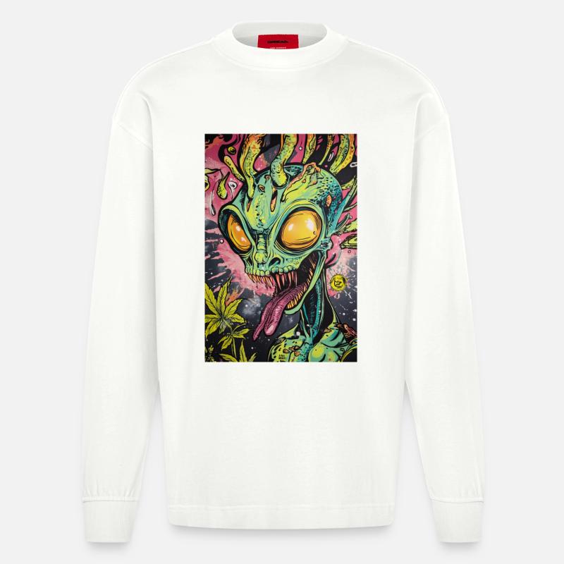Psychedelischer Alien Neon Graffiti - Heavyweight Oversized Organic Langarmshirt Made in EU - OFF WHITE