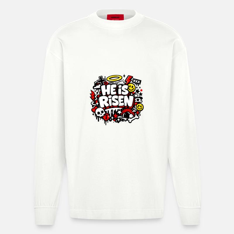 He is Risen Graffiti Ostern - Heavyweight Oversized Organic Langarmshirt Made in EU - OFF WHITE