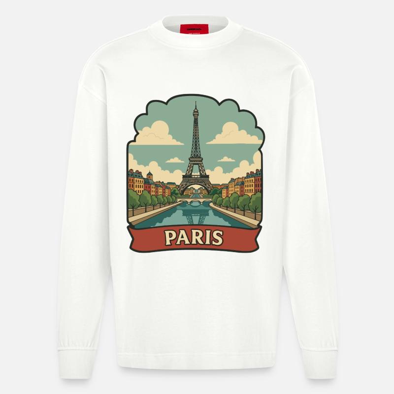 Pariser Eiffelturm Retro-Reiseaufkleber - Heavyweight Oversized Organic Langarmshirt Made in EU - OFF WHITE