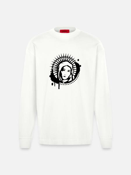 Maria Portrait Graffiti Schablone - Heavyweight Oversized Organic Langarmshirt Made in EU - OFF WHITE
