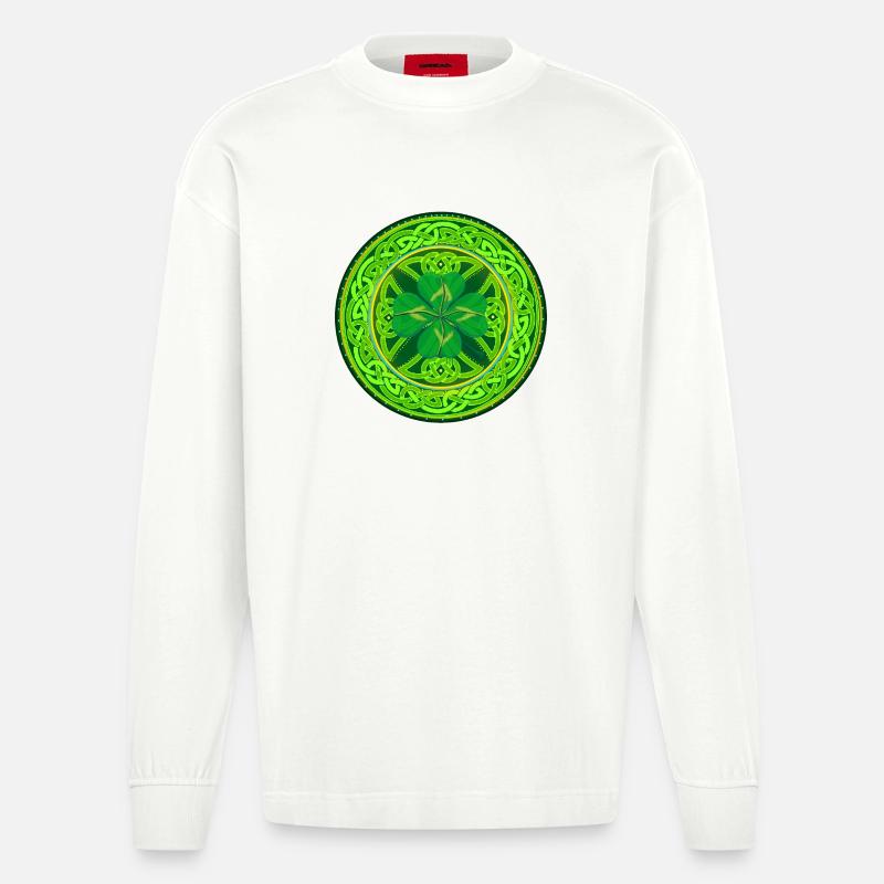 Kleeblatt mit vier Keltischen Blättern - Heavyweight Oversized Organic Langarmshirt Made in EU - OFF WHITE