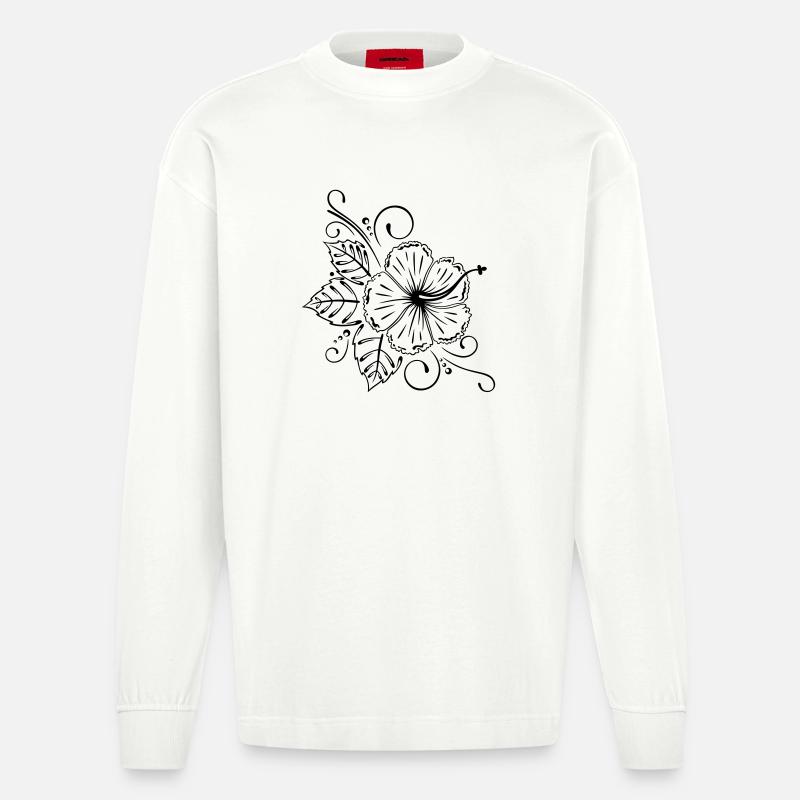 Große Hibiskus Blüte mit Blättern. - Heavyweight Oversized Organic Langarmshirt Made in EU - OFF WHITE