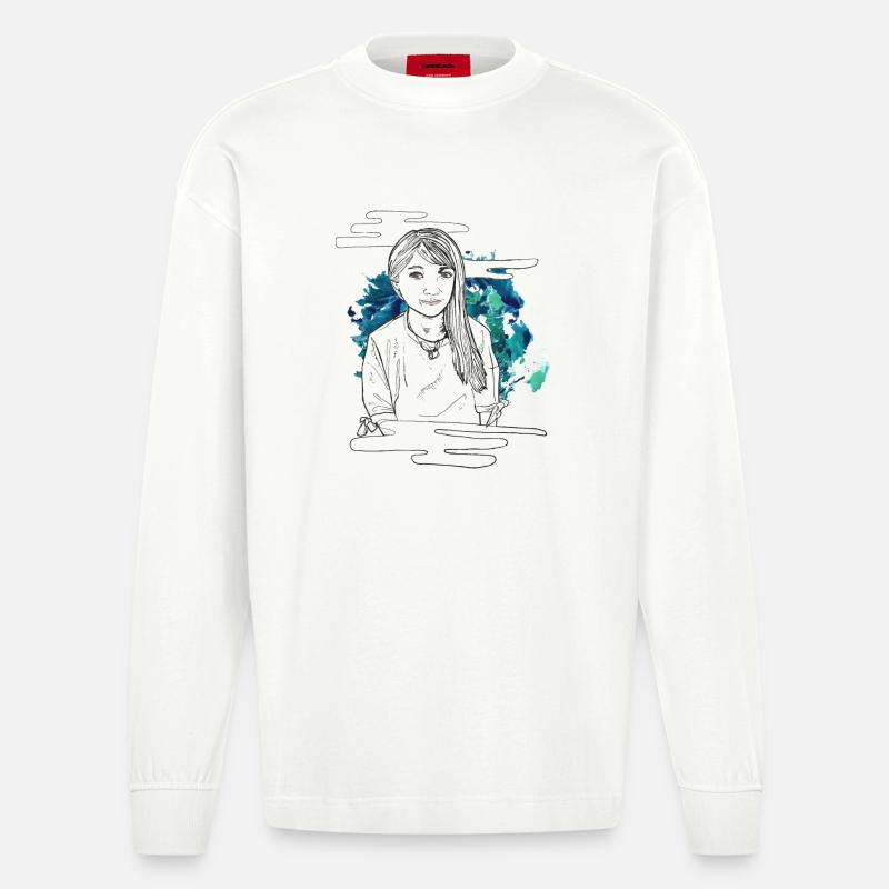 Lächelndes Mädchen mit Muster - Heavyweight Oversized Organic Langarmshirt Made in EU - OFF WHITE
