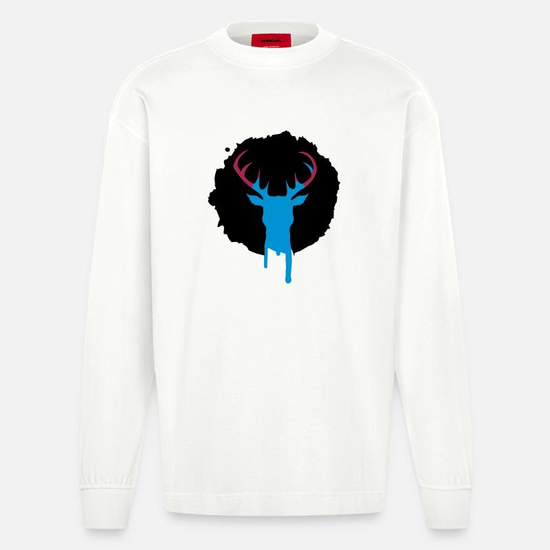 Hirsch Patch Graffiti - Heavyweight Oversized Organic Langarmshirt Made in EU - OFF WHITE