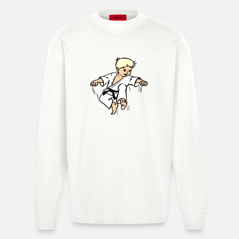 Karatekind oder Judokind mit schwarzem Gürtel - Heavyweight Oversized Organic Langarmshirt Made in EU - OFF WHITE