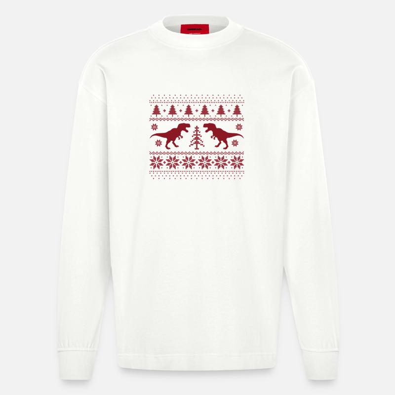 Dinosaurier-Weihnachtspullover - Heavyweight Oversized Organic Langarmshirt Made in EU - OFF WHITE