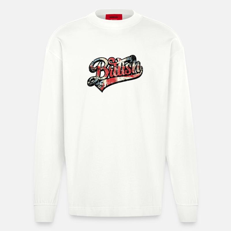 British Pride Distressed Script Tee - Heavyweight Oversized Organic Longsleeve Shirt Made in EU - OFF WHITE