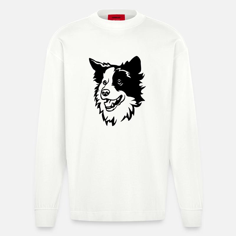 Border Collie Kopf - Heavyweight Oversized Organic Langarmshirt Made in EU - OFF WHITE