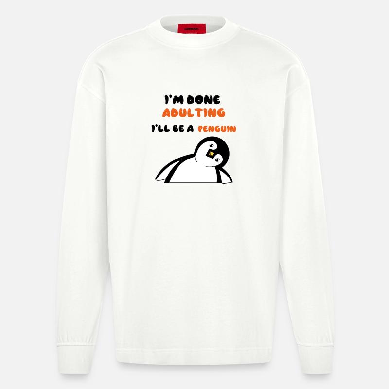 Süß Pinguin Statement Zoo Tier Vogel - Heavyweight Oversized Organic Langarmshirt Made in EU - OFF WHITE