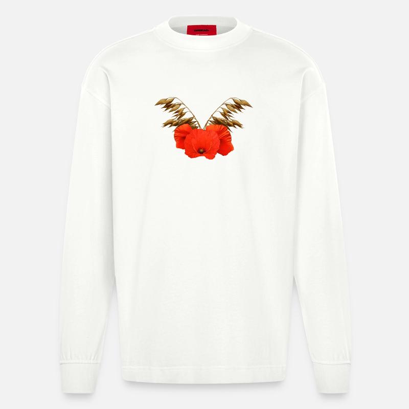 ländliche blumenmuster, Mohnmuster mit Hafer - Heavyweight Oversized Organic Langarmshirt Made in EU - OFF WHITE