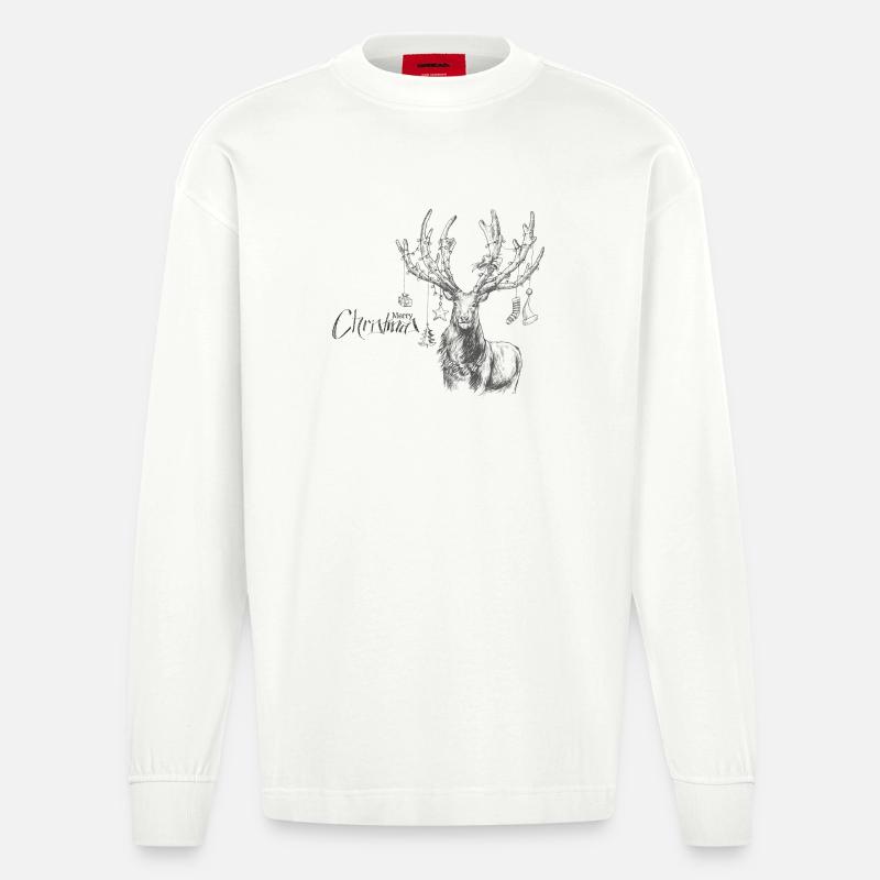 Weihnachtlicher Hirsch mit Geschenken - Heavyweight Oversized Organic Langarmshirt Made in EU - OFF WHITE