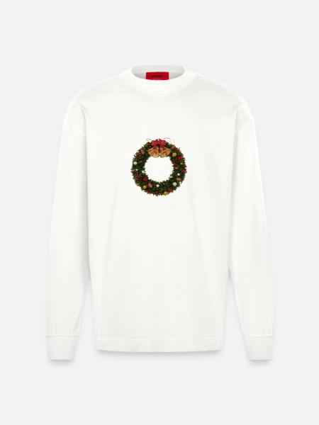 Weihnachtskranz mit Glocken und Schleife - Heavyweight Oversized Organic Langarmshirt Made in EU - OFF WHITE