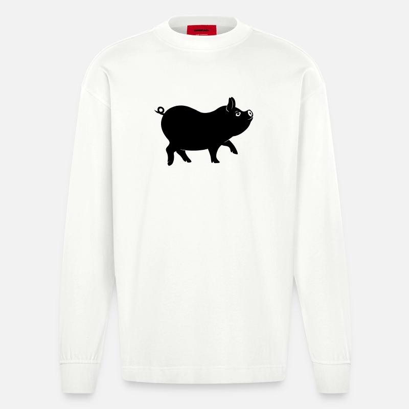 Schweineschattenfigur mit lockigem Schwanz - Heavyweight Oversized Organic Langarmshirt Made in EU - OFF WHITE