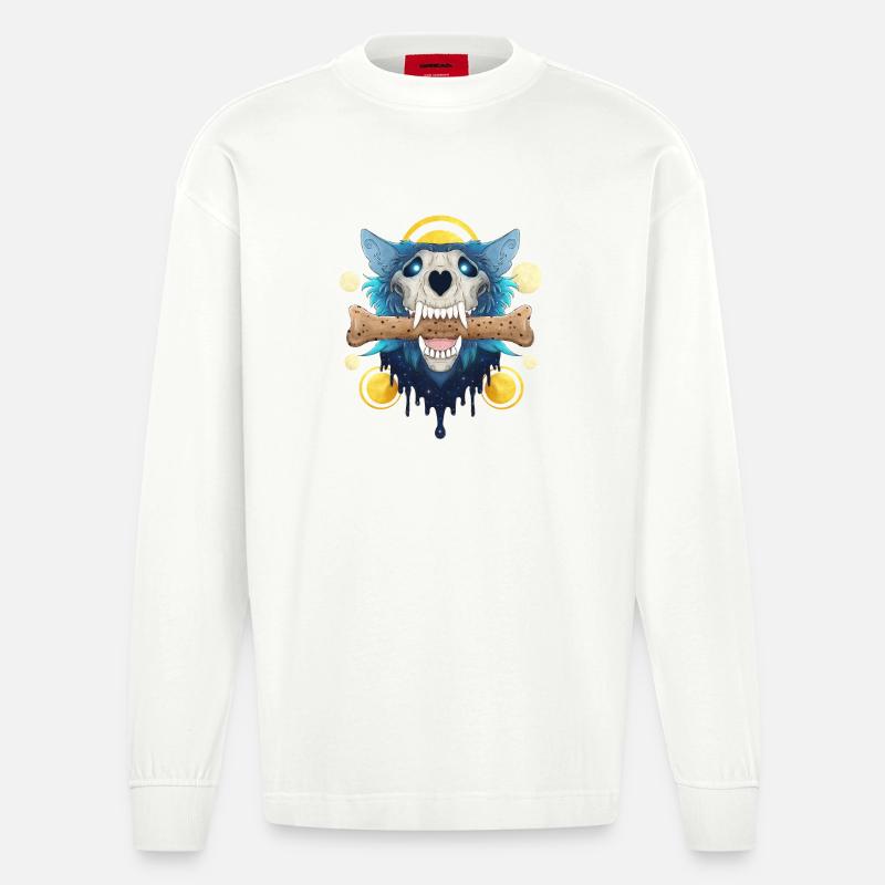 Hellhound Skull Gold - Dämonischer Wolf & Keksknochen - Heavyweight Oversized Organic Langarmshirt Made in EU - OFF WHITE