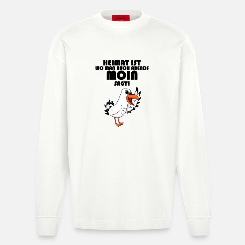 Nordsee Plattdeutsch Spruch Moin Möwe - Heavyweight Oversized Organic Langarmshirt Made in EU - OFF WHITE