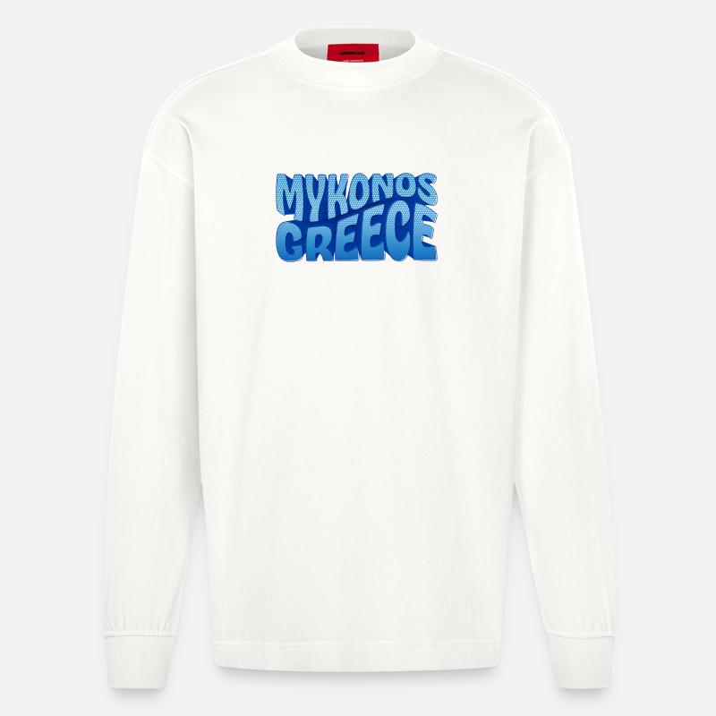 Mykonos Grèce Design à Points Bleus - Manches longues bio épais oversize fabriqué en UE - OFF WHITE