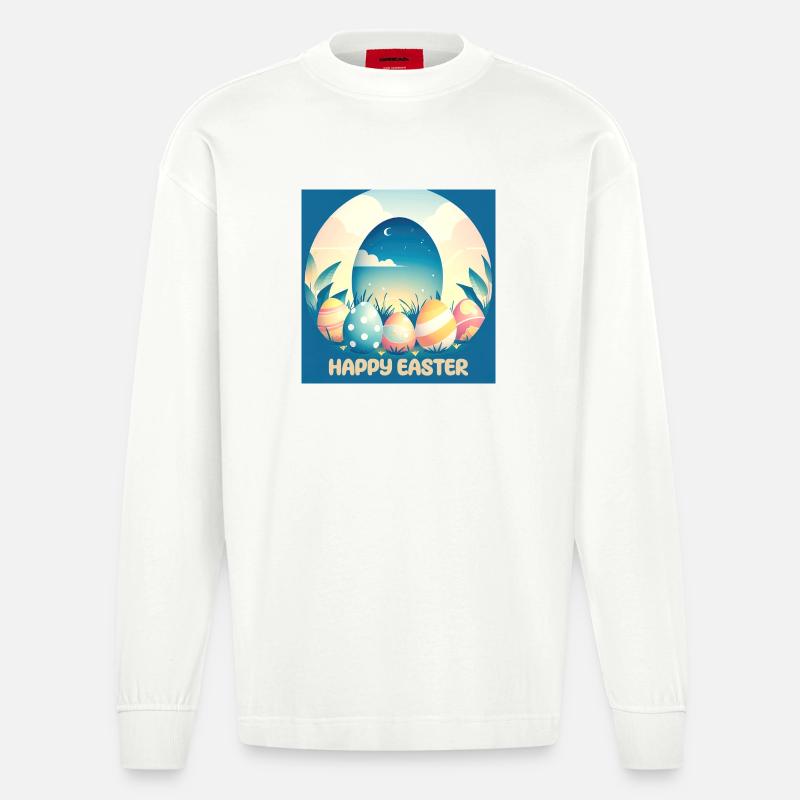 Happy Easter, Easter Egg - Heavyweight Oversized Organic Longsleeve Shirt Made in EU - OFF WHITE