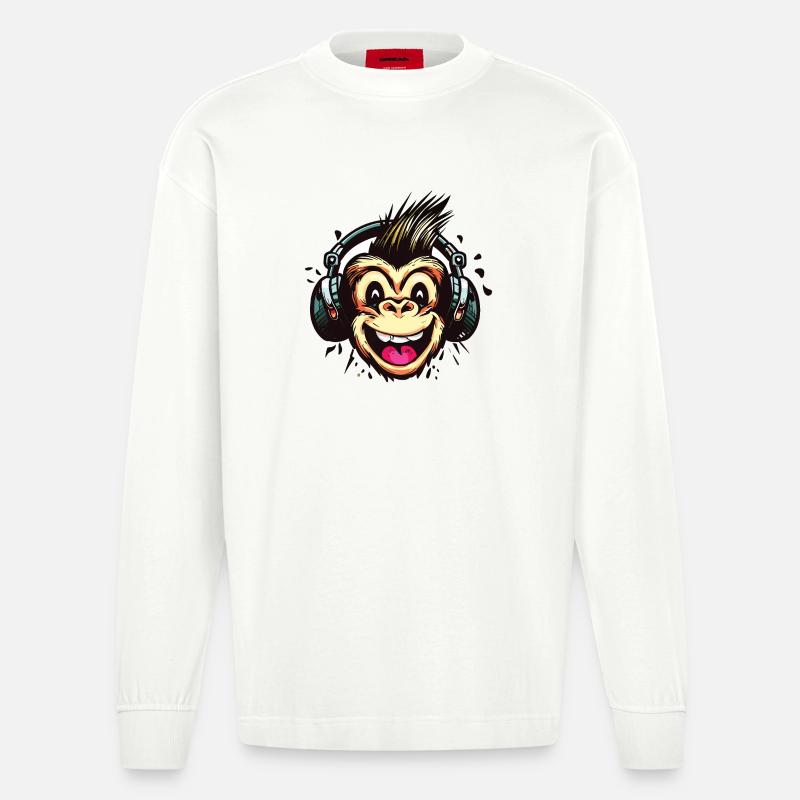 Lustiger Affe mit Kopfhörern - Heavyweight Oversized Organic Langarmshirt Made in EU - OFF WHITE