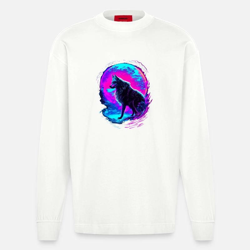 Wolf Neon Moon Synthwave - Manches longues bio épais oversize fabriqué en UE - OFF WHITE