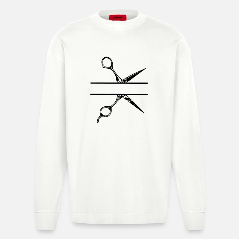 Texte bannière logo coiffeur, ciseaux - Manches longues bio épais oversize fabriqué en UE - OFF WHITE