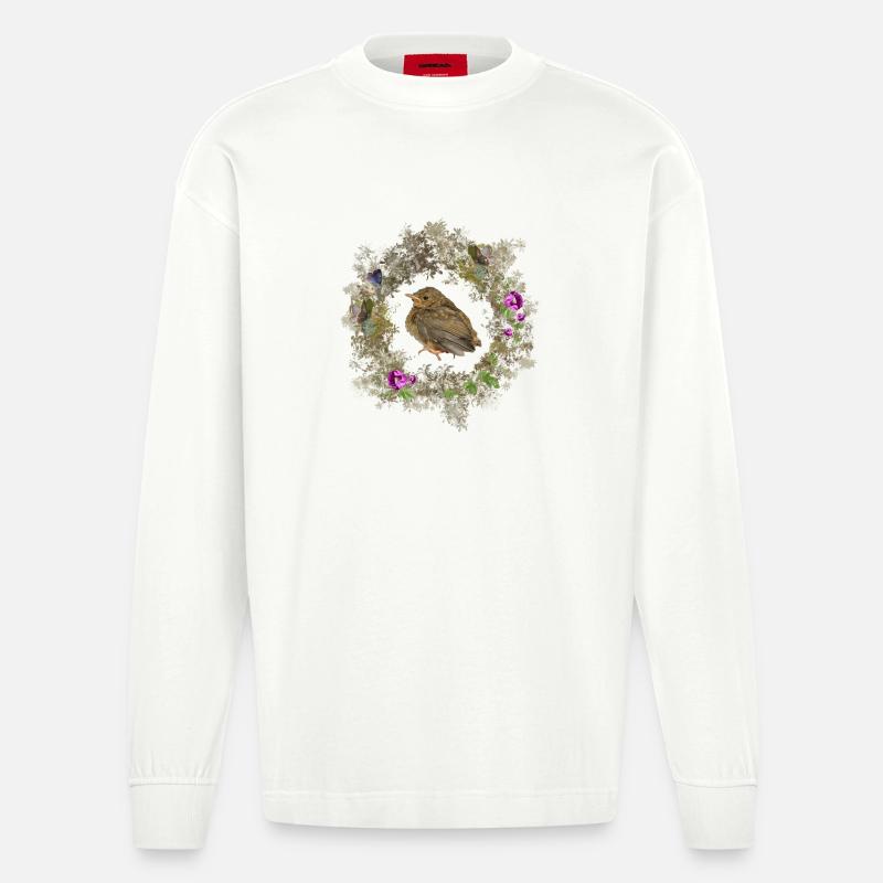 Rotkehlchen mit zarten Blüten und Bläulingen - Heavyweight Oversized Organic Langarmshirt Made in EU - OFF WHITE