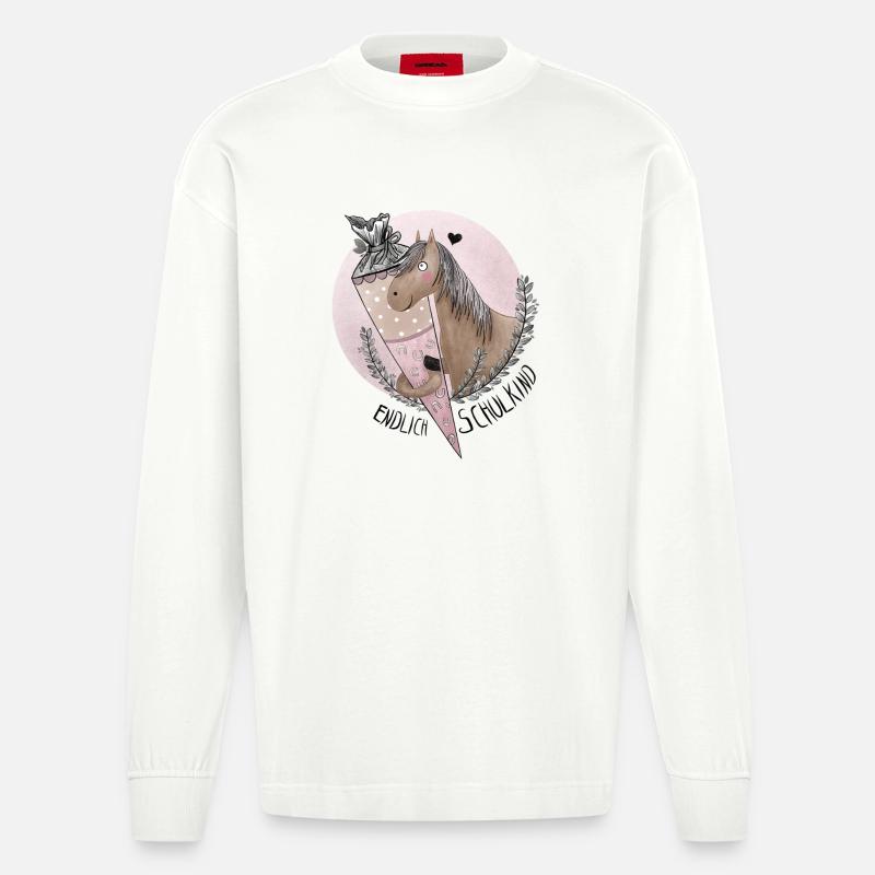 Endlich Schulkind Pferd mit Schultüte - Heavyweight Oversized Organic Langarmshirt Made in EU - OFF WHITE