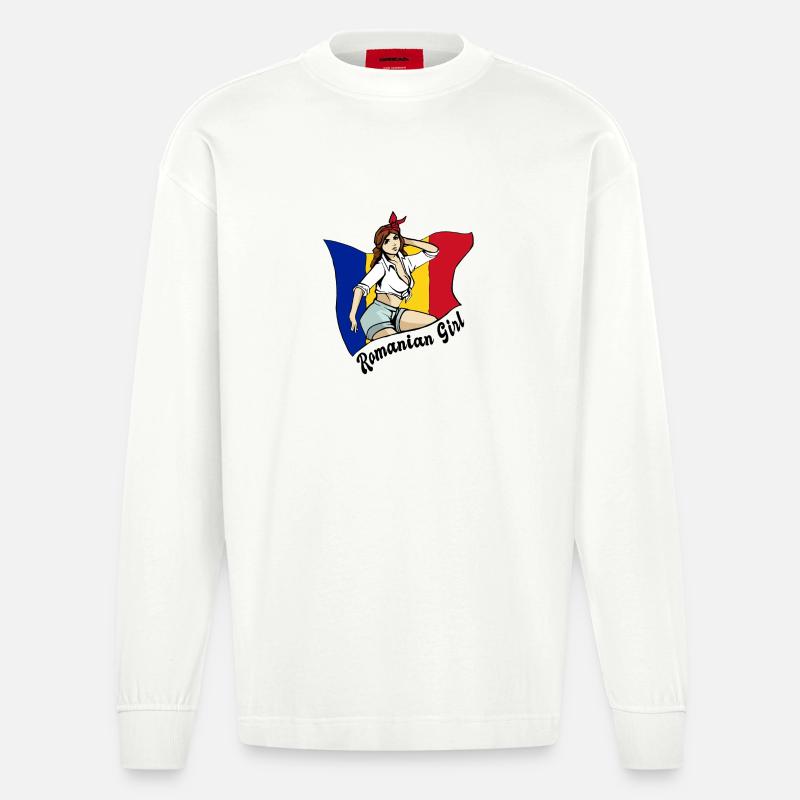 Rumänisches Mädchen Flaggen Design - Heavyweight Oversized Organic Langarmshirt Made in EU - OFF WHITE