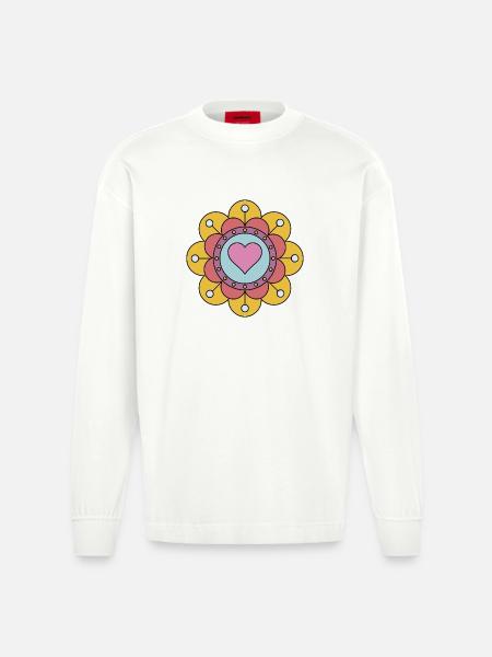 Cute Funky Hippie Boho Flower - Heavyweight Oversized Organic Longsleeve Shirt Made in EU - OFF WHITE