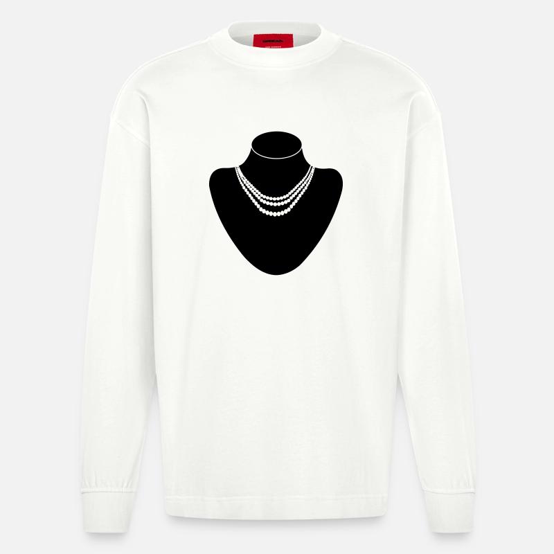 Juwelier-Halsständer mit Halskette Perlen - Heavyweight Oversized Organic Langarmshirt Made in EU - OFF WHITE