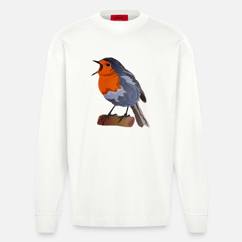 Robin Bird Illustration über Textil - Heavyweight Oversized Organic Langarmshirt Made in EU - OFF WHITE