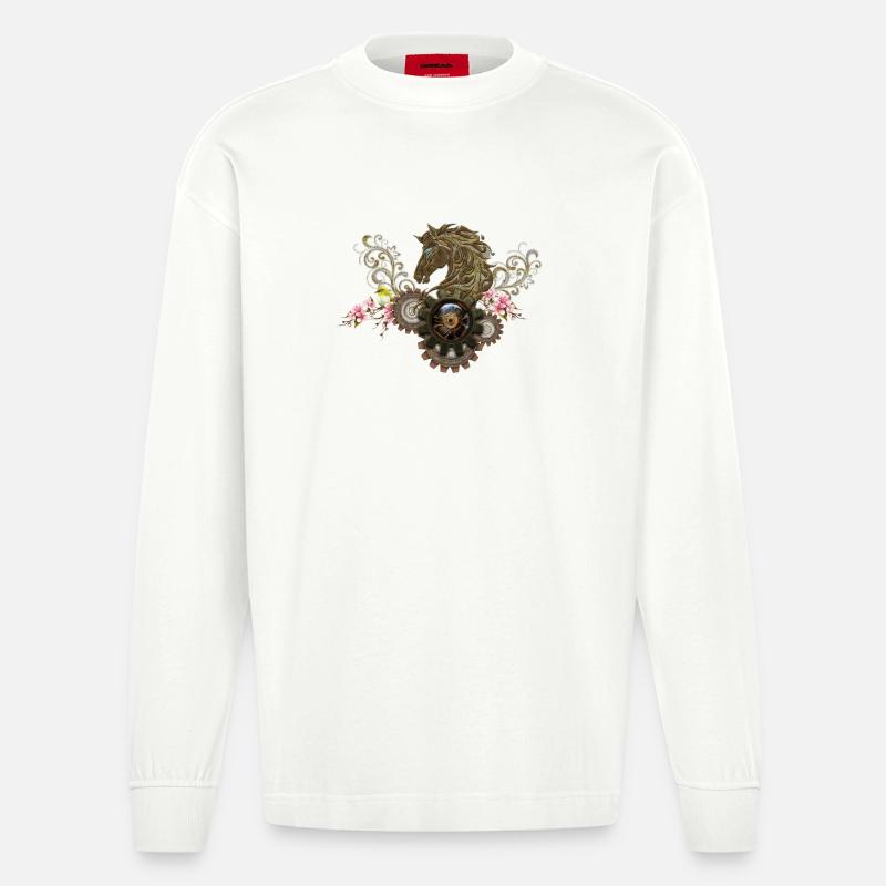 Dieses einzigartige Steampunk-Pferd mit Blumen - Heavyweight Oversized Organic Langarmshirt Made in EU - OFF WHITE