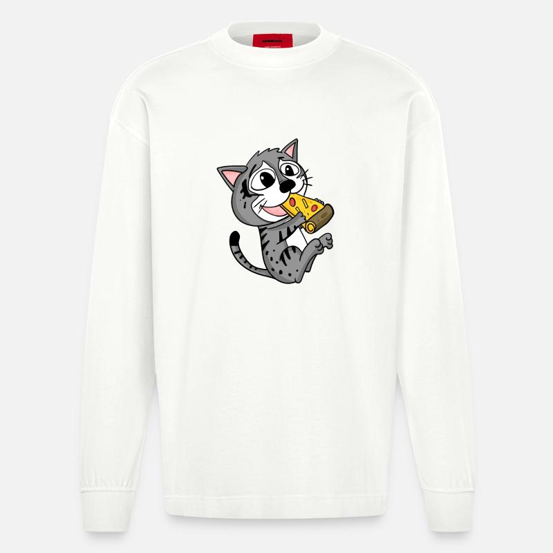 Katze Pizza - Heavyweight Oversized Organic Langarmshirt Made in EU - OFF WHITE
