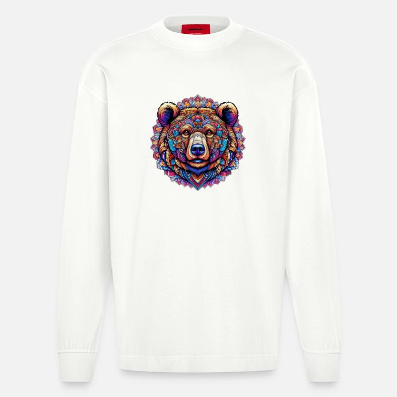 Bär mit Mandalas verziert - Heavyweight Oversized Organic Langarmshirt Made in EU - OFF WHITE