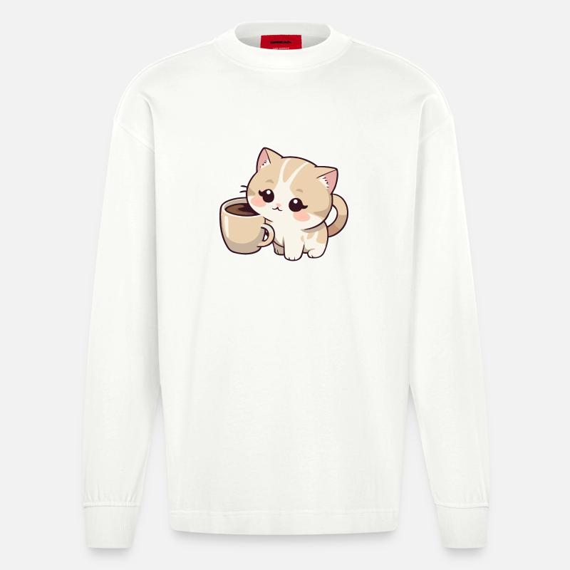 Kätzchen mit Kaffeetasse - Heavyweight Oversized Organic Langarmshirt Made in EU - OFF WHITE