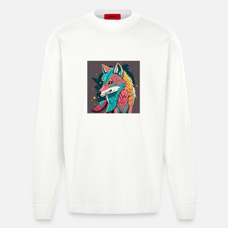 Geometrischer Wolf Farbexplosion - Heavyweight Oversized Organic Langarmshirt Made in EU - OFF WHITE