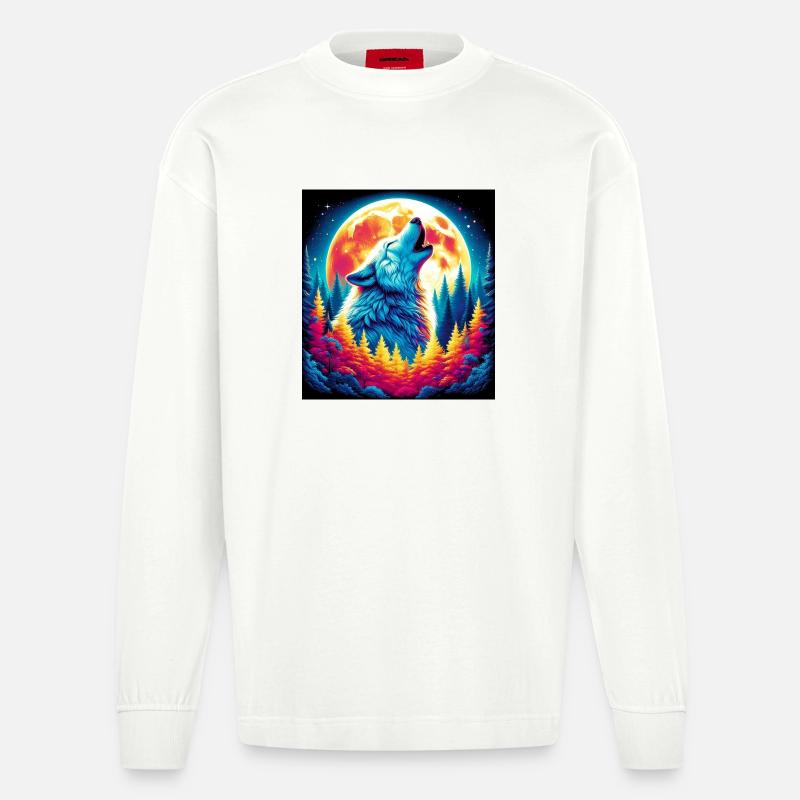 Wolf heult den Mond an - Heavyweight Oversized Organic Langarmshirt Made in EU - OFF WHITE
