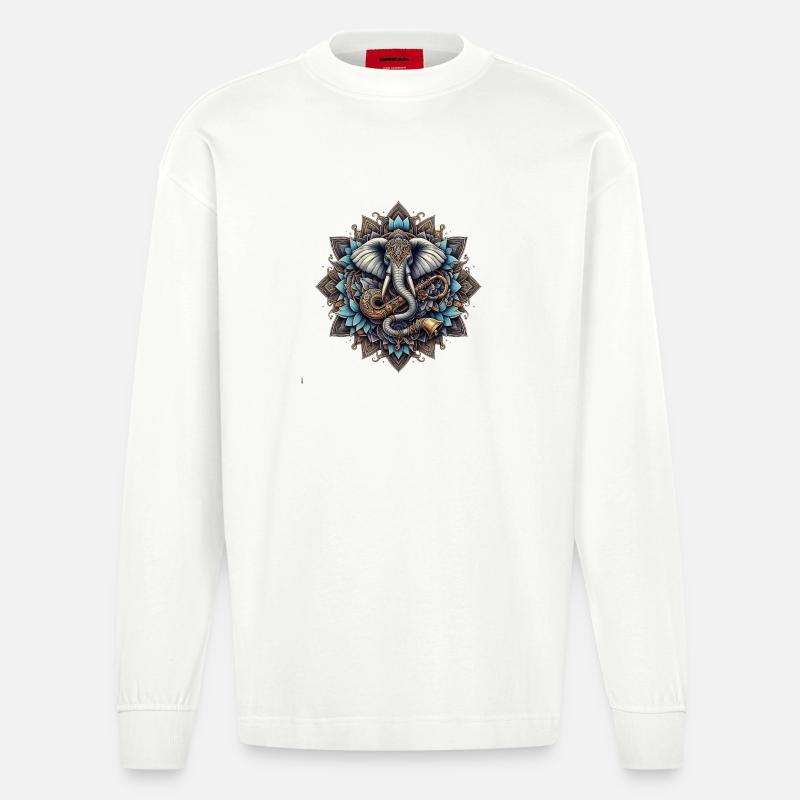 Mandala d’éléphants dans le style steampunk - Manches longues bio épais oversize fabriqué en UE - OFF WHITE