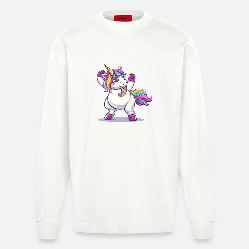 Regenbogenzauber Einhorn Pose - Heavyweight Oversized Organic Langarmshirt Made in EU - OFF WHITE