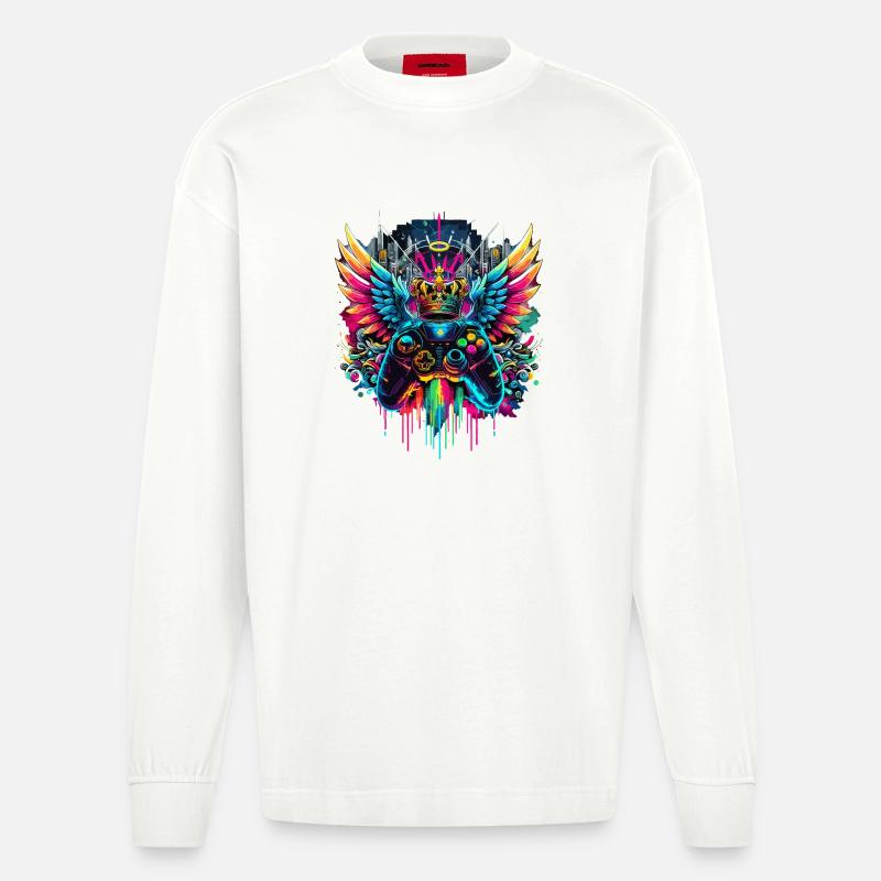 Gaming König Controller Flügel Graffiti - Heavyweight Oversized Organic Langarmshirt Made in EU - OFF WHITE