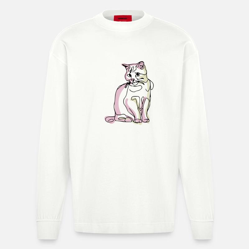 Katze- Ein-Strich-Zeichnung - Heavyweight Oversized Organic Langarmshirt Made in EU - OFF WHITE